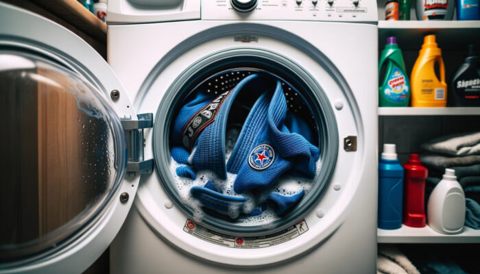 青い柔術着をドラム式洗濯機で洗濯している様子を説明している写真