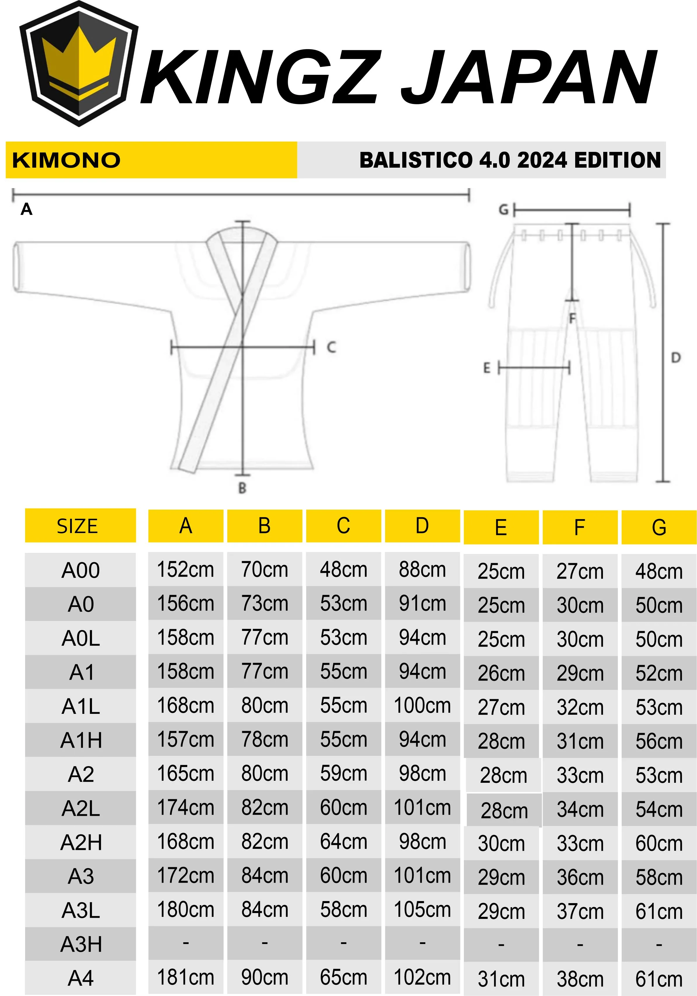 BALISTICO 4.0 BRAZILIAN JIU JITSU GI「バリスティコ4.0」のサイズ表